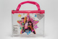 Clear pouch with pink handle featuring colorful graphics on a white background