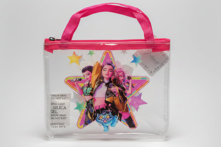 Clear pouch with pink handle featuring colorful graphics on a white background