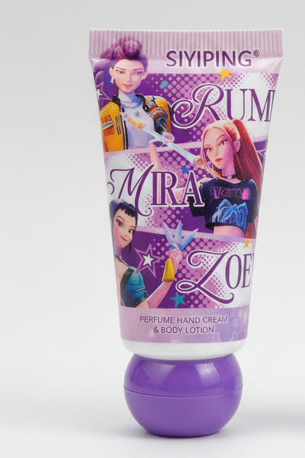 Tube of perfume hand cream and body lotion with cartoon characters on a white background