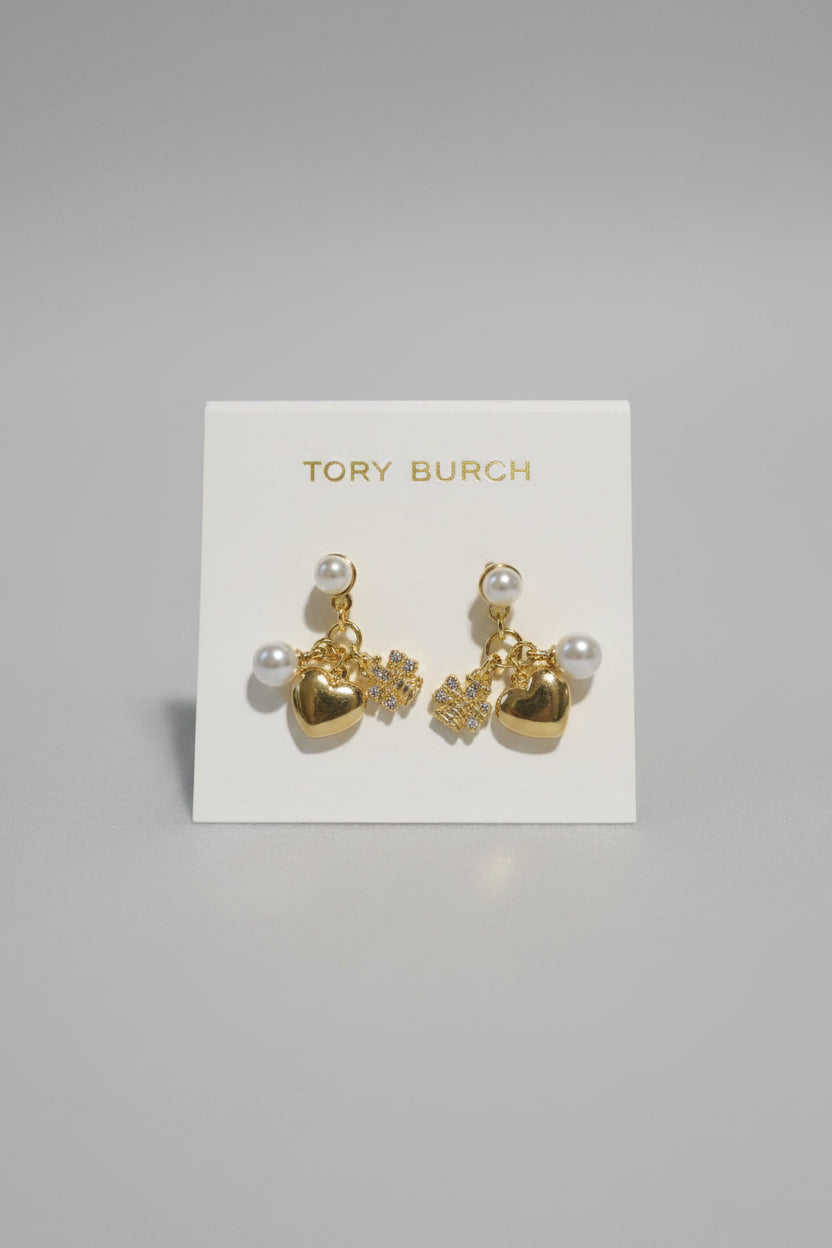 Tory Burch Gold Heart & Pearl Charm Drop Earrings