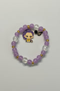 Purple beaded bracelet with a character charm in a clear display case.