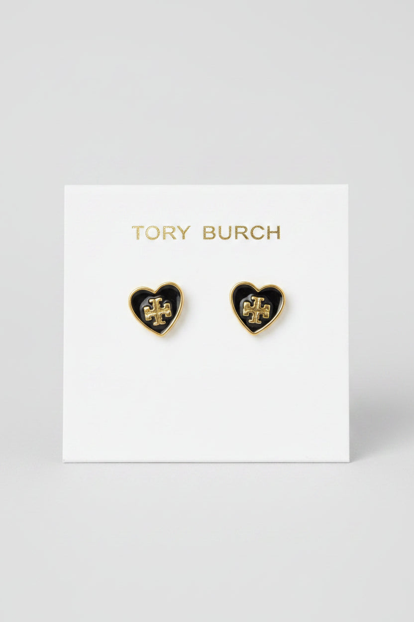 Tory Burch Black Enamel Heart Stud Earrings